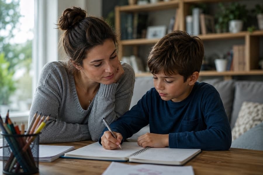 Adulte et enfant estimant ensemble les étapes d’un travail
