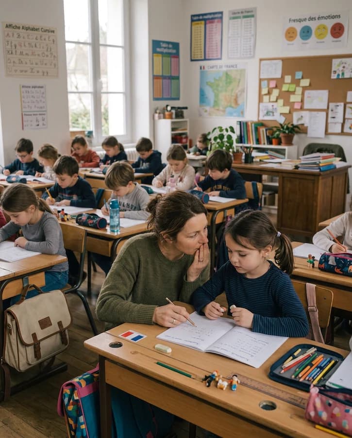 Élève face à une tâche répétitive dans une classe calme