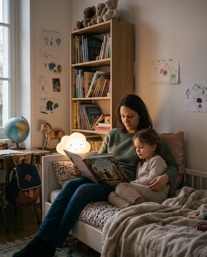 Parent et enfant lisant au calme dans une chambre après la journée