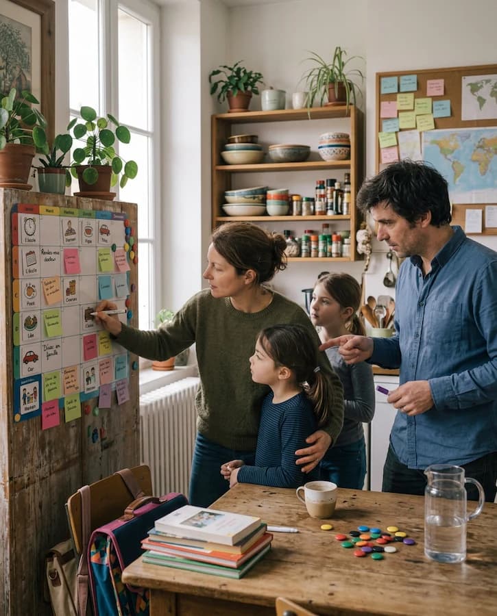 Famille organisant ensemble une routine quotidienne sur un tableau